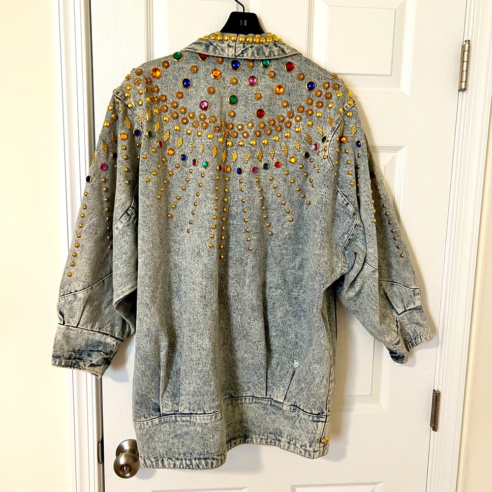 Vintage Acid Wash Denim Jean Stud Embellished Bejeweled Rocker Duster 80s Jacket